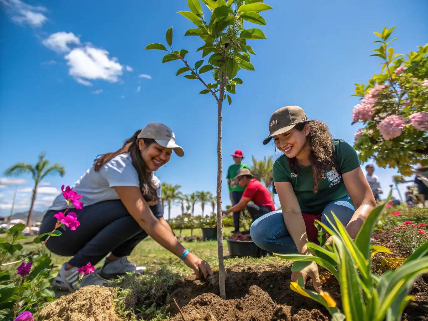 A group of volunteers planting trees in a deforested area, as part of a habitat restoration project. The image should highlight the positive impact of community involvement in environmental conservation.