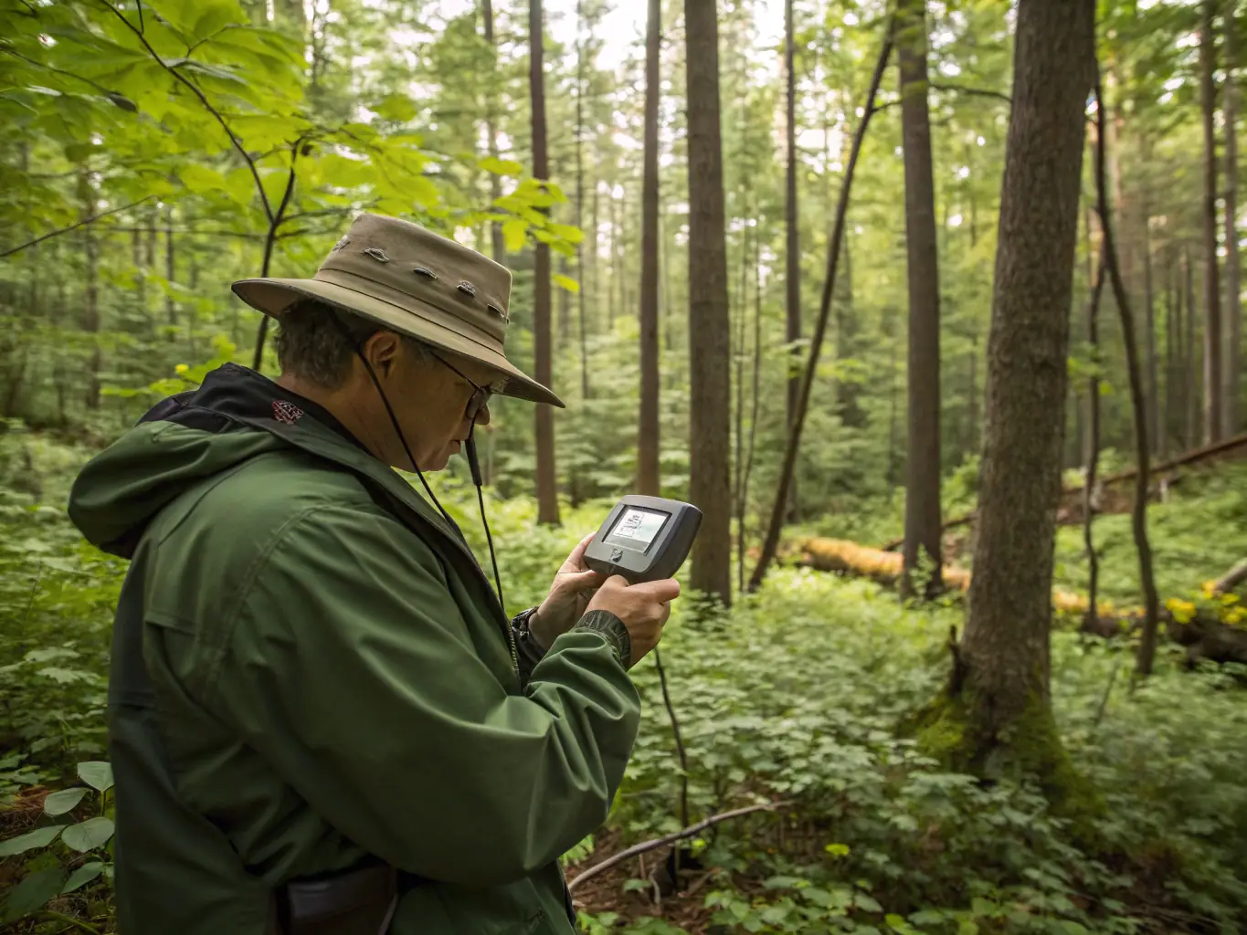 An image of a wildlife biologist conducting a population survey in a local forest, showcasing the scientific approach to wildlife management.