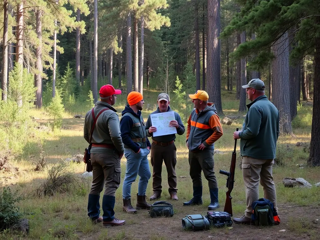 A picture of a group of hunters participating in a safety training session, emphasizing the importance of responsible hunting practices.