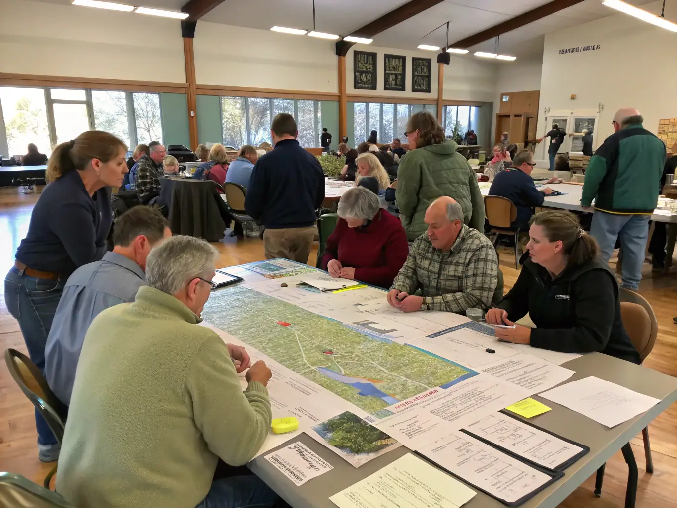 A photograph of association members attending a meeting, discussing conservation strategies and upcoming events. The setting is a community hall, and the atmosphere is collaborative and engaging.