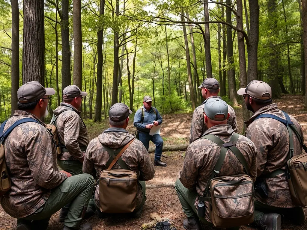 Association members leading an educational workshop on responsible hunting practices for local youth, demonstrating safe firearm handling and ethical hunting techniques.