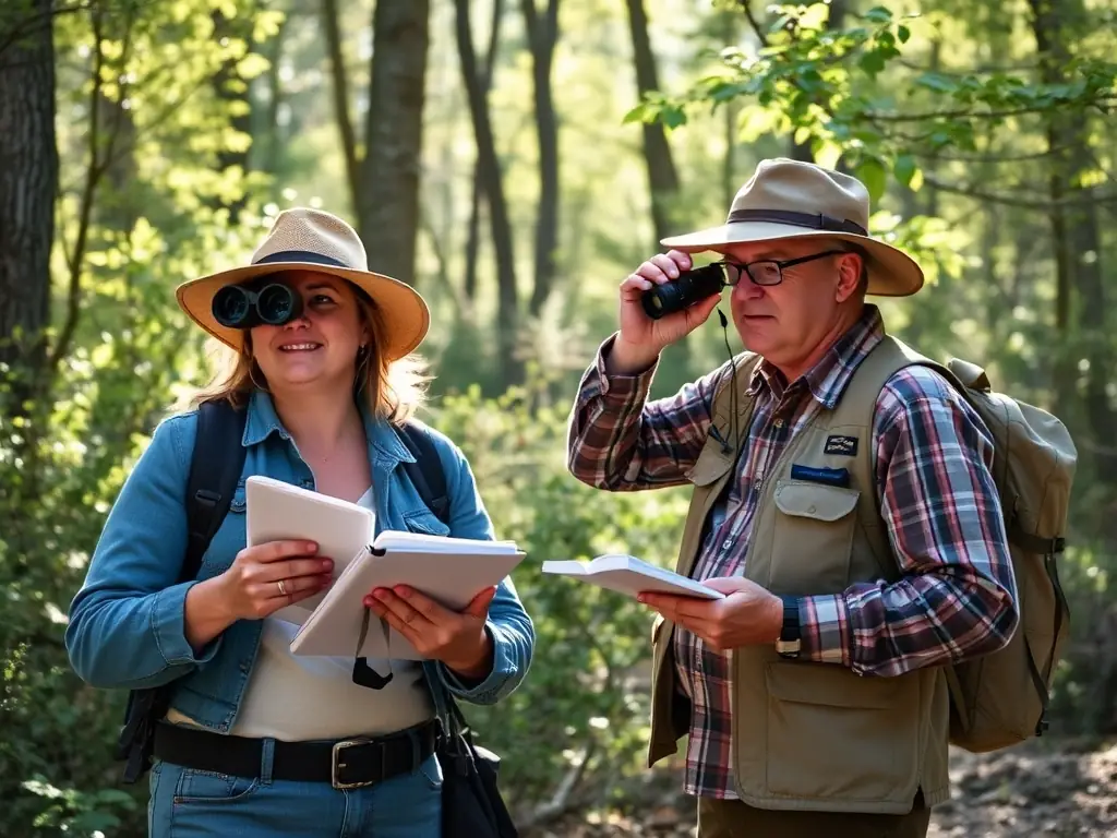 A group of hunters participating in a wildlife census, using binoculars and notebooks to record their observations in a natural setting. The image should convey a sense of scientific observation and conservation.