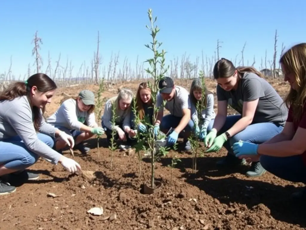 A photograph of a group of volunteers planting trees in a deforested area, illustrating the association's commitment to habitat restoration and environmental conservation.