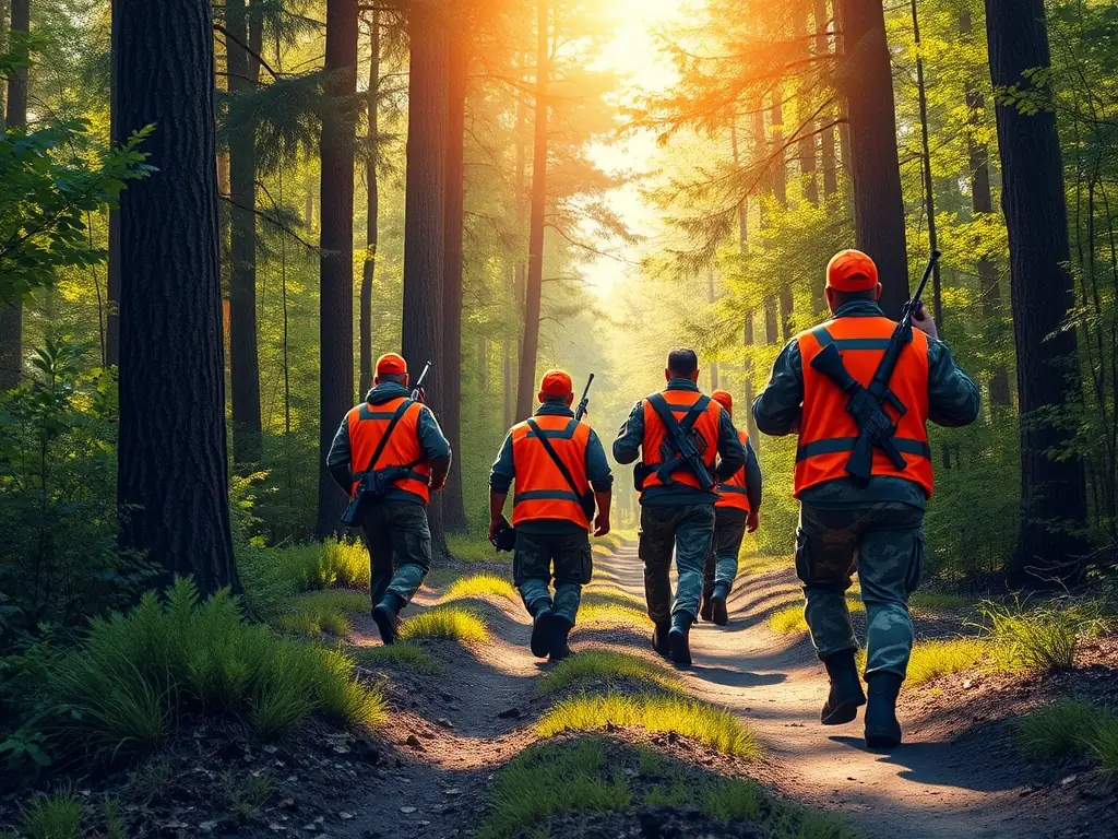 A group of hunters participating in a guided deer hunt in a forest clearing, wearing appropriate safety gear and accompanied by a hunting guide.