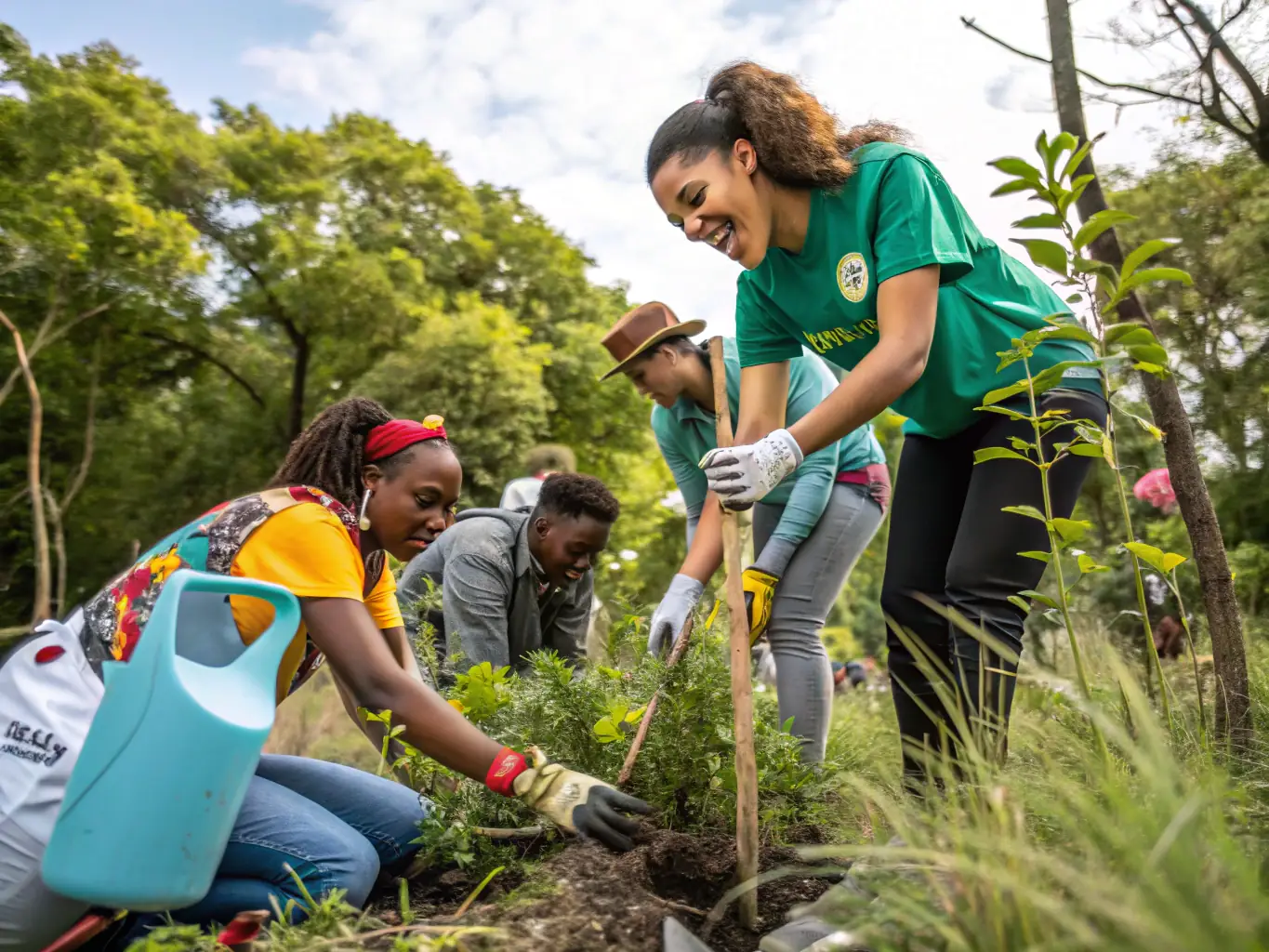 A volunteer team constructing birdhouses and planting native trees in a designated wildlife reserve area, showcasing habitat restoration efforts.