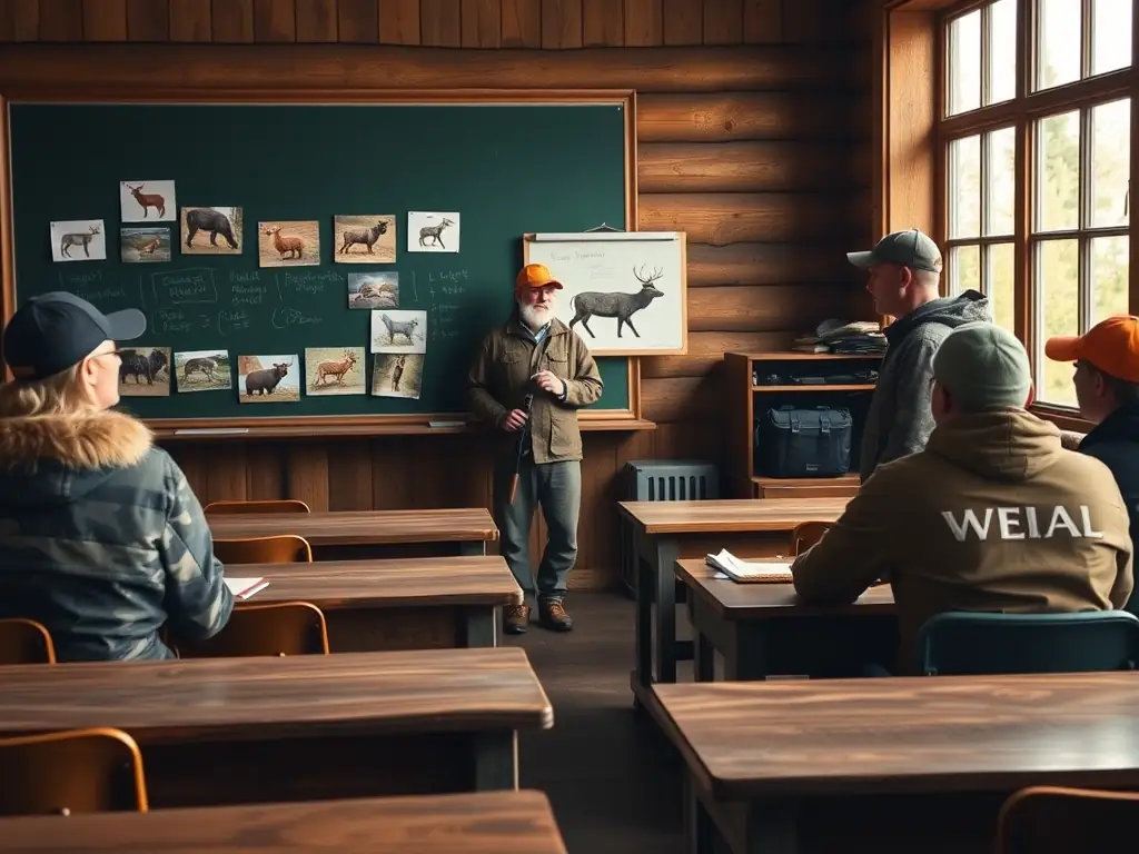 A classroom setting where a hunting safety instructor is teaching a group of new hunters about firearm safety and hunting regulations.